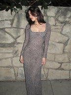 Polka Dot Mesh Women Maxi Dress - Retro Square Neck Long Sleeve Bodycon - French Chic Spring Vacation 2026