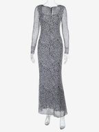 Polka Dot Mesh Women Maxi Dress - Retro Square Neck Long Sleeve Bodycon - French Chic Spring Vacation 2026