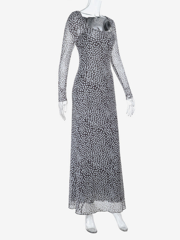 Polka Dot Mesh Women Maxi Dress - Retro Square Neck Long Sleeve Bodycon - French Chic Spring Vacation 2026