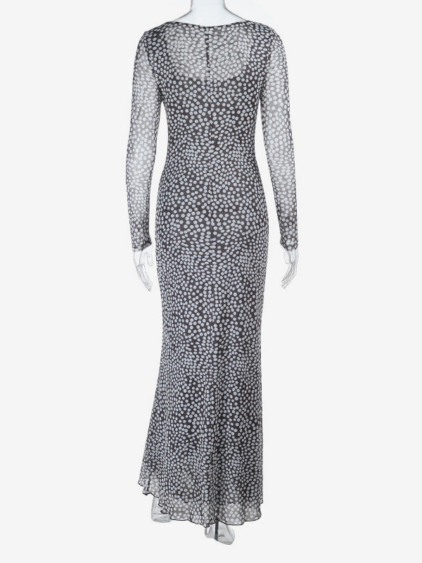 Polka Dot Mesh Women Maxi Dress - Retro Square Neck Long Sleeve Bodycon - French Chic Spring Vacation 2026