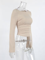 Beige Ribbed Women Long Sleeve Top - Chic Ruched Front Flare Sleeve Slim Fit - Minimalist Basic Spring Casual Streetwear 2026