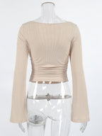 Beige Ribbed Women Long Sleeve Top - Chic Ruched Front Flare Sleeve Slim Fit - Minimalist Basic Spring Casual Streetwear 2026
