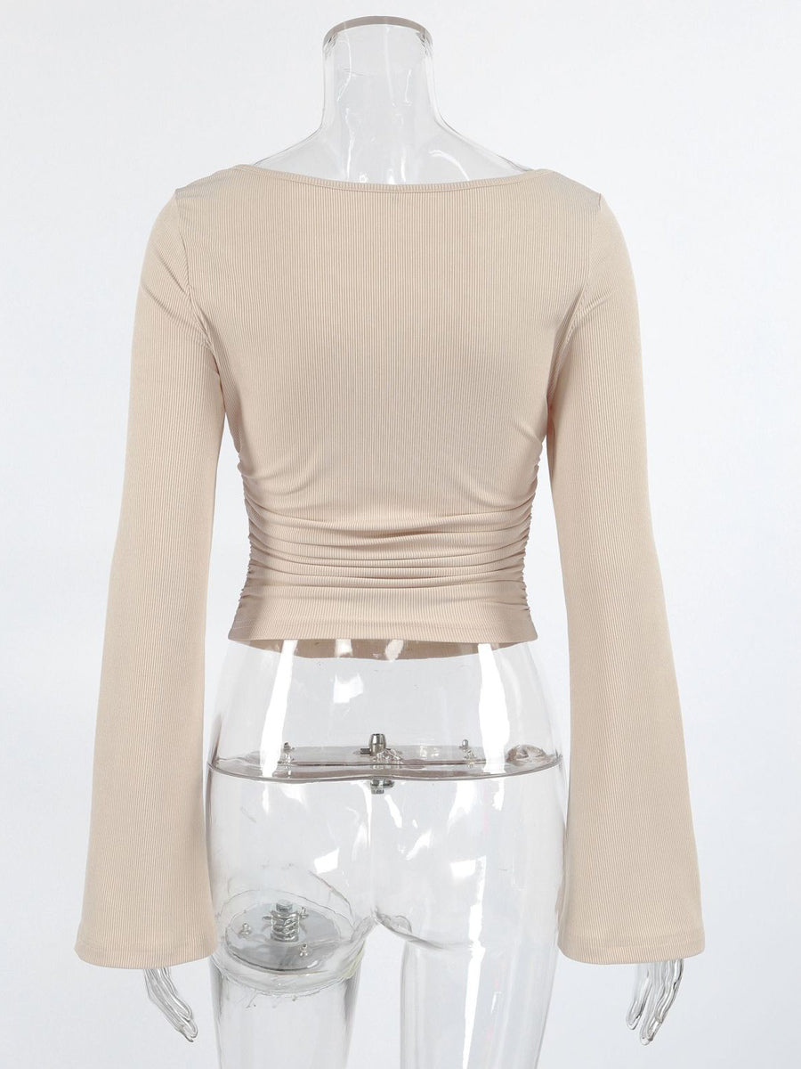 Beige Ribbed Women Long Sleeve Top - Chic Ruched Front Flare Sleeve Slim Fit - Minimalist Basic Spring Casual Streetwear 2026