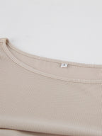 Beige Ribbed Women Long Sleeve Top - Chic Ruched Front Flare Sleeve Slim Fit - Minimalist Basic Spring Casual Streetwear 2026