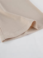Beige Ribbed Women Long Sleeve Top - Chic Ruched Front Flare Sleeve Slim Fit - Minimalist Basic Spring Casual Streetwear 2026