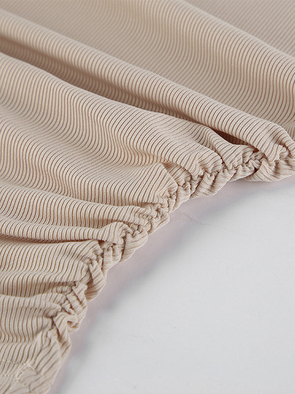 Beige Ribbed Women Long Sleeve Top - Chic Ruched Front Flare Sleeve Slim Fit - Minimalist Basic Spring Casual Streetwear 2026