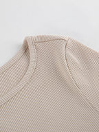 Beige Ribbed Women Long Sleeve Top - Chic Ruched Front Flare Sleeve Slim Fit - Minimalist Basic Spring Casual Streetwear 2026