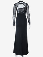 High Slit Mesh Sleeve Women Maxi Dress - Sexy Open Back Slim Black Bodycon - Goth Core Party Night Outfit 2026