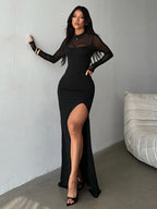 High Slit Mesh Sleeve Women Maxi Dress - Sexy Open Back Slim Black Bodycon - Goth Core Party Night Outfit 2026