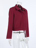Burgundy Red Women's Cropped Jacket - Chic Turn Down Collar Zip Up Elastic Hem - Spring Casual Streetwear 2026
