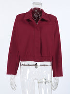 Burgundy Red Women's Cropped Jacket - Chic Turn Down Collar Zip Up Elastic Hem - Spring Casual Streetwear 2026
