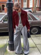 Burgundy Red Women's Cropped Jacket - Chic Turn Down Collar Zip Up Elastic Hem - Spring Casual Streetwear 2026