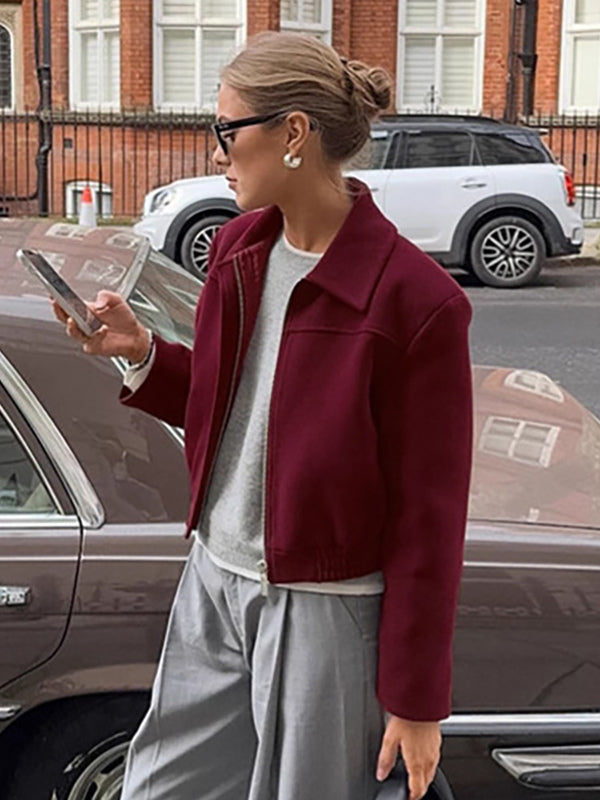 Burgundy Red Women's Cropped Jacket - Chic Turn Down Collar Zip Up Elastic Hem - Spring Casual Streetwear 2026
