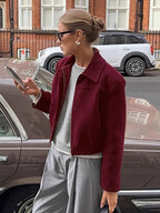 Burgundy Red Women's Cropped Jacket - Chic Turn Down Collar Zip Up Elastic Hem - Spring Casual Streetwear 2026