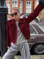 Burgundy Red Women's Cropped Jacket - Chic Turn Down Collar Zip Up Elastic Hem - Spring Casual Streetwear 2026
