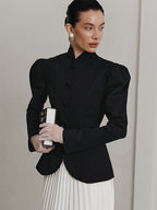 Vintage Peplum Blazer For Women - Puff Sleeve Stand Collar Slim Fit Jacket - Chic Spring Party Outerwear 2026