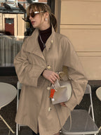 Cotton Blend Women's Trench Jacket - Minimalist Double Breasted Wide Sleeve Oversized Fit - Spring Casual Streetwear 2026