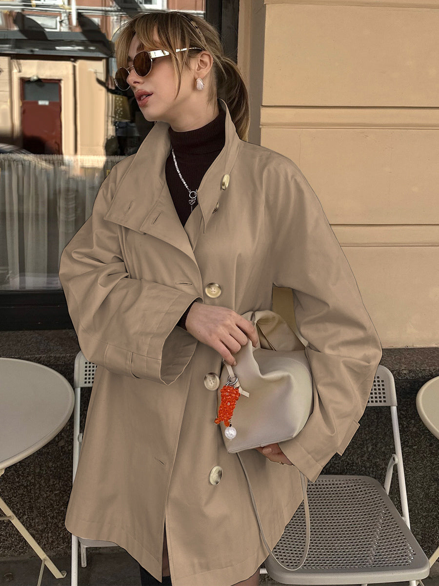 Cotton Blend Women's Trench Jacket - Minimalist Double Breasted Wide Sleeve Oversized Fit - Spring Casual Streetwear 2026