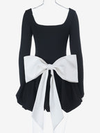 Square Neck Women Bubble Mini Dress With Big Bow - Black Long Sleeve Elegant Contrast - Audrey Style Spring Party Wear 2026