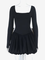 Square Neck Women Bubble Mini Dress With Big Bow - Black Long Sleeve Elegant Contrast - Audrey Style Spring Party Wear 2026