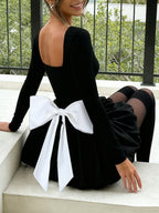 Square Neck Women Bubble Mini Dress With Big Bow - Black Long Sleeve Elegant Contrast - Audrey Style Spring Party Wear 2026