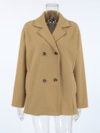 Camel Double Breasted Women Pea Coat - Minimalist Notch Lapel Boxy Fit - Quiet Luxury Spring Streetwear 2026