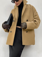 Camel Double Breasted Women Pea Coat - Minimalist Notch Lapel Boxy Fit - Quiet Luxury Spring Streetwear 2026