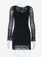 Vintage Floral Lace Women Bodycon Mini Dress - Sexy Sheer Long Sleeve Square Neck - Coquette Aesthetic Spring Date Night 2026