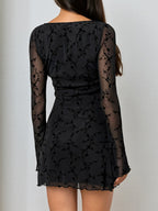 Vintage Floral Lace Women Bodycon Mini Dress - Sexy Sheer Long Sleeve Square Neck - Coquette Aesthetic Spring Date Night 2026