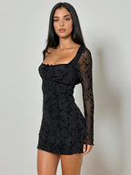 Vintage Floral Lace Women Bodycon Mini Dress - Sexy Sheer Long Sleeve Square Neck - Coquette Aesthetic Spring Date Night 2026