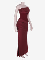 Burgundy One Shoulder Women's Maxi Gown - Elegant Ruched Bodycon Long Dress - Old Money Aesthetic Evening Party Wear 2026