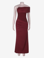 Burgundy One Shoulder Women's Maxi Gown - Elegant Ruched Bodycon Long Dress - Old Money Aesthetic Evening Party Wear 2026