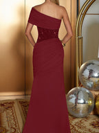 Burgundy One Shoulder Women's Maxi Gown - Elegant Ruched Bodycon Long Dress - Old Money Aesthetic Evening Party Wear 2026
