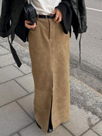 Faux Suede Women Maxi Skirt - Chic Front Slit High Waisted - Quiet Luxury Spring Streetwear 2026