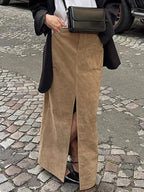 Faux Suede Women Maxi Skirt - Chic Front Slit High Waisted - Quiet Luxury Spring Streetwear 2026