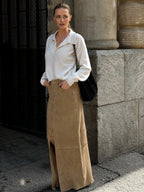 Faux Suede Women Maxi Skirt - Chic Front Slit High Waisted - Quiet Luxury Spring Streetwear 2026