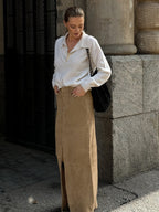 Faux Suede Women Maxi Skirt - Chic Front Slit High Waisted - Quiet Luxury Spring Streetwear 2026