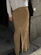 Faux Suede Women Maxi Skirt - Chic Front Slit High Waisted - Quiet Luxury Spring Streetwear 2026