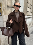 Double Breasted Women's Short Jacket - Chic Belted Cropped Fit - Quiet Luxury Spring Casual Streetwear 2026