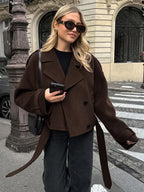 Double Breasted Women's Short Jacket - Chic Belted Cropped Fit - Quiet Luxury Spring Casual Streetwear 2026