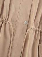 Khaki Stand Collar Women's Windbreaker Jacket - Chic Drawstring Waist Loose Fit - Utility Cargo Style Spring Streetwear 2026