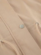 Khaki Stand Collar Women's Windbreaker Jacket - Chic Drawstring Waist Loose Fit - Utility Cargo Style Spring Streetwear 2026