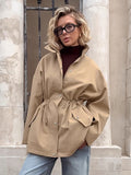 Khaki Stand Collar Women's Windbreaker Jacket - Chic Drawstring Waist Loose Fit - Utility Cargo Style Spring Streetwear 2026