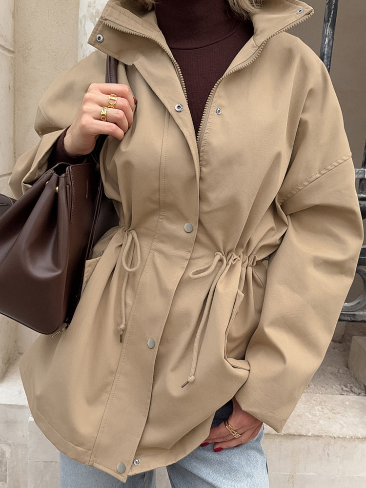 Khaki Stand Collar Women's Windbreaker Jacket - Chic Drawstring Waist Loose Fit - Utility Cargo Style Spring Streetwear 2026