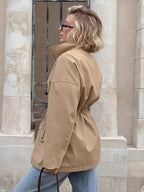Khaki Stand Collar Women's Windbreaker Jacket - Chic Drawstring Waist Loose Fit - Utility Cargo Style Spring Streetwear 2026