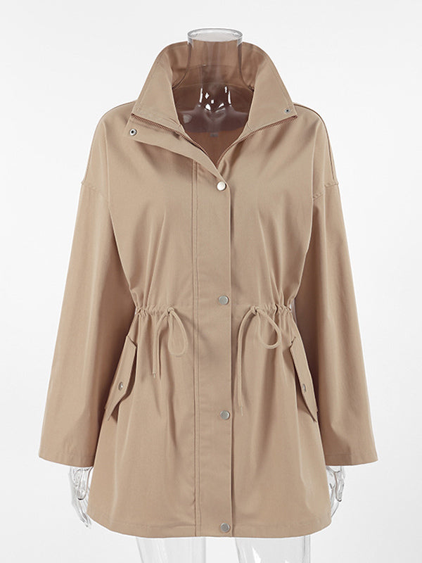 Khaki Stand Collar Women's Windbreaker Jacket - Chic Drawstring Waist Loose Fit - Utility Cargo Style Spring Streetwear 2026