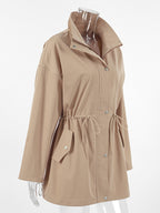 Khaki Stand Collar Women's Windbreaker Jacket - Chic Drawstring Waist Loose Fit - Utility Cargo Style Spring Streetwear 2026