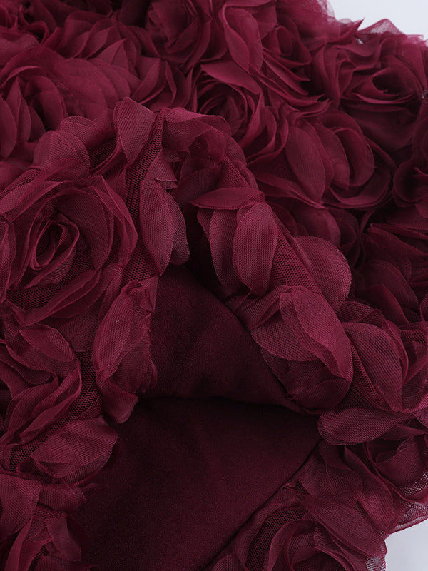 3D Rose Petal Hem Burgundy Women Mini Dress - Romantic Bodycon Dress With Scarf - Coquette Aesthetic Summer Party Outfit 2026