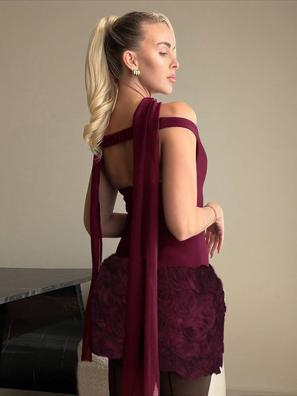 3D Rose Petal Hem Burgundy Women Mini Dress - Romantic Bodycon Dress With Scarf - Coquette Aesthetic Summer Party Outfit 2026