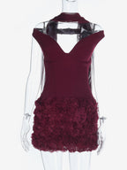 3D Rose Petal Hem Burgundy Women Mini Dress - Romantic Bodycon Dress With Scarf - Coquette Aesthetic Summer Party Outfit 2026
